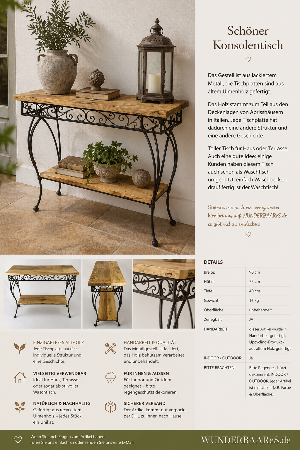 Konsolentisch / Tischplatte aus altem Holz & Metallgestell