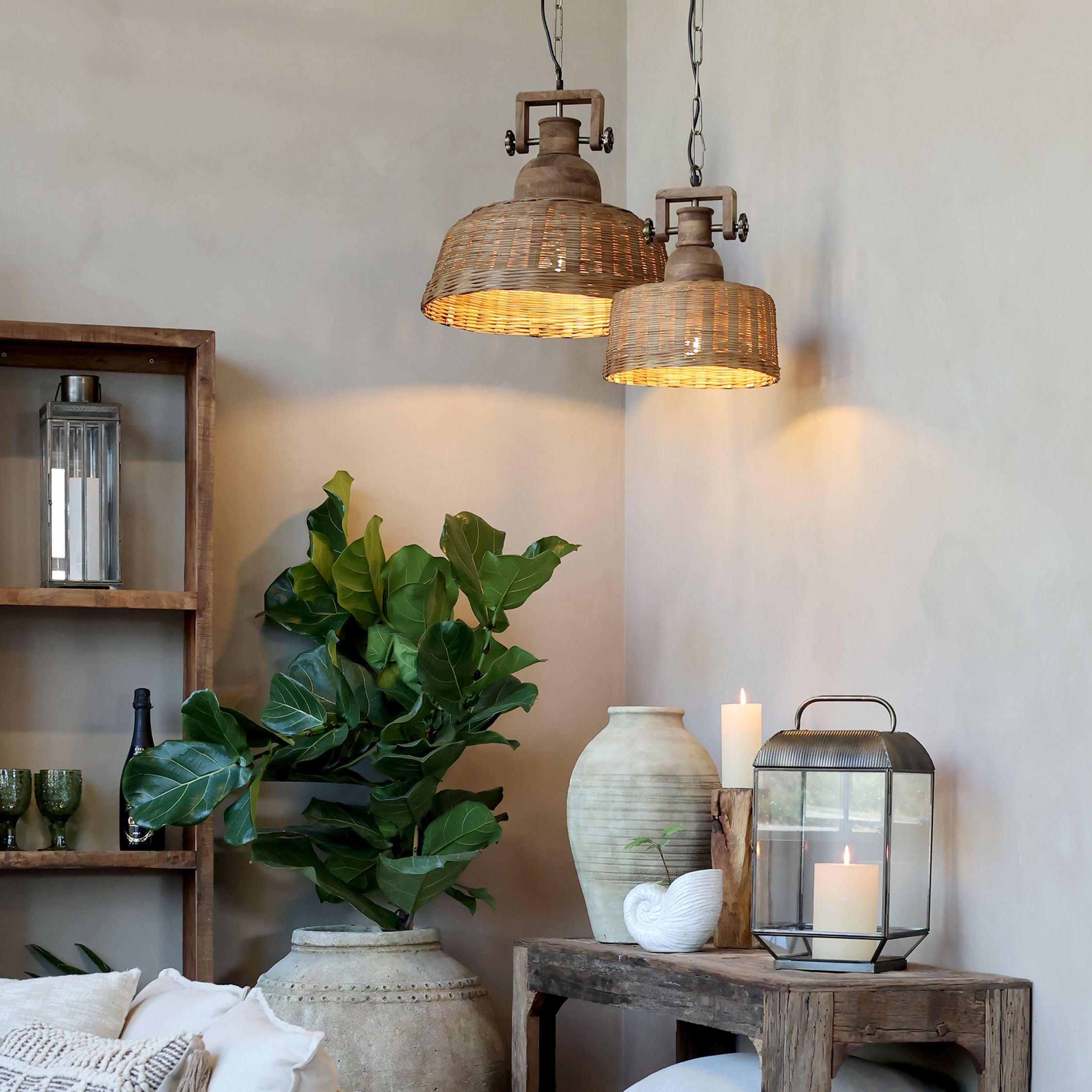 Lampe aus Rattangeflecht & Mangoholz Chic Antique / Durchmesser 50 cm