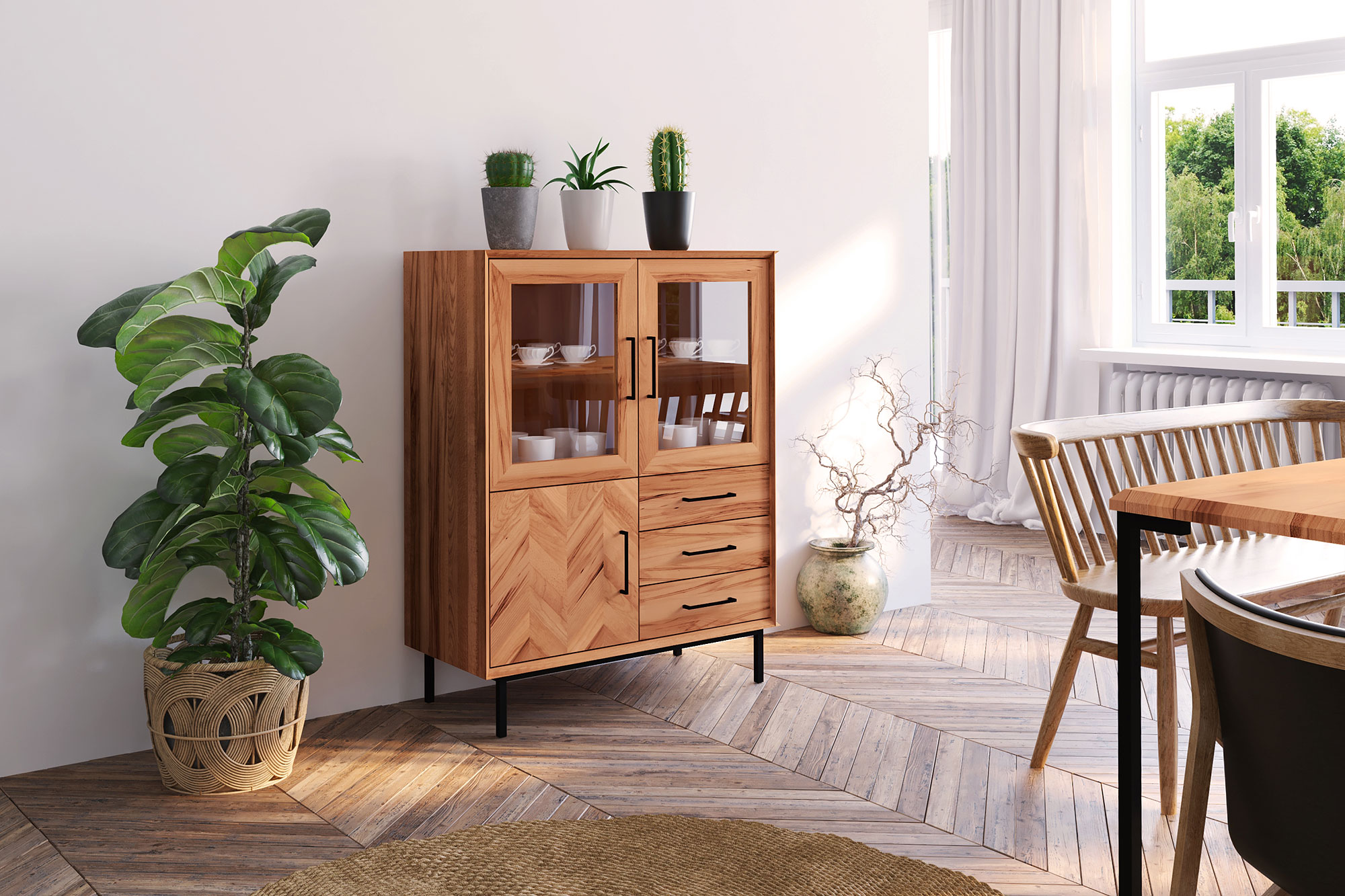 Vitrine- Highbord mit 2 Glastüren & 3 Schubladen & Tür / Abies 2756