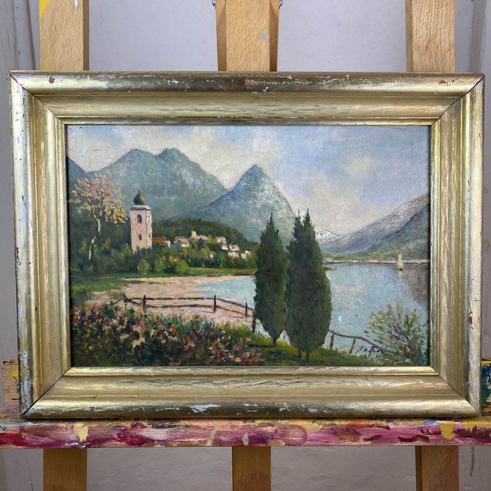 Öl-Bild Bergsee im Gebirge / unleserlich Sig. / im Rahmen / antik