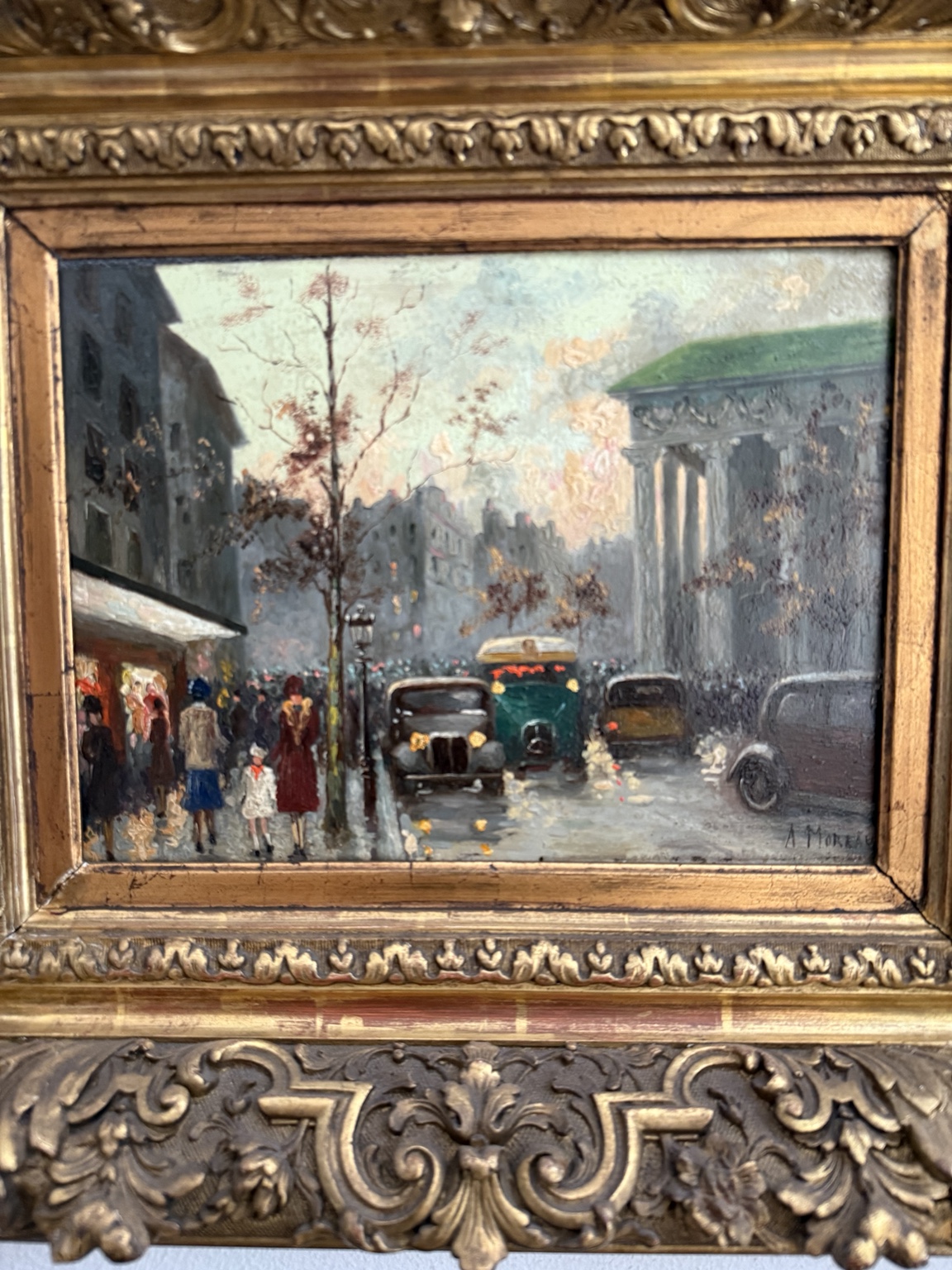 Vintage Ölgemälde „Pariser Straßenszene“ – Öl auf Hartfaserplatte mit Prunkrahmen