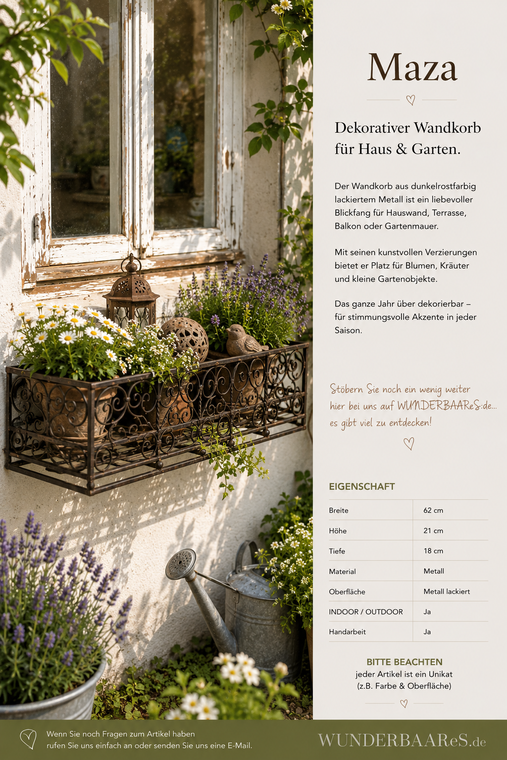 MAZA – Großer Wandkorb aus Metall | Dekorativer Wand-Blumenkasten für Haus & Garten