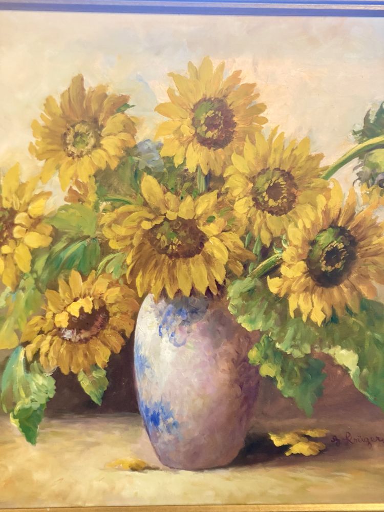 großes antikes Sonnenblumen Gemälde von G. Krüger
