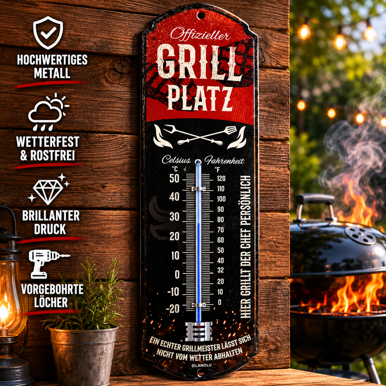 Thermometer „Offizieller Grillplatz“ – Vintage Metall Außenthermometer 8 x 28 cm