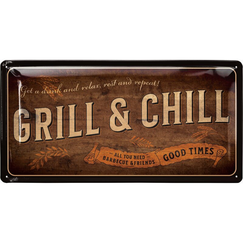 Blechschild „Grill & Chill“ – Retro BBQ Metallschild im Vintage-Look 17 x 34 cm