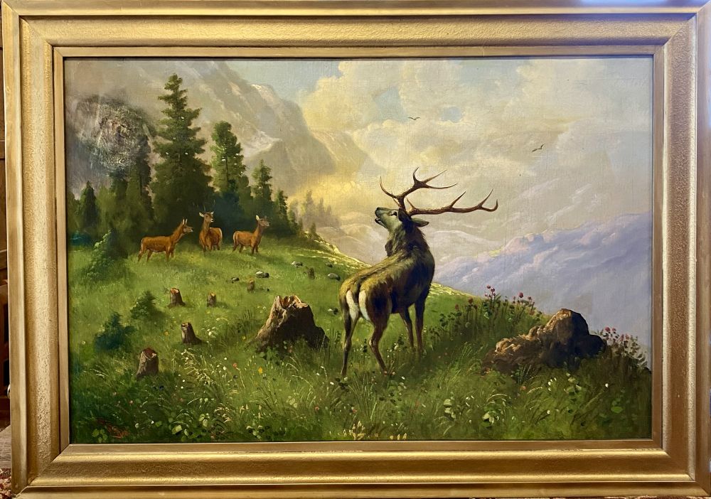 antikes Gemälde "röhrender Hirsch" von Rotter um 1900
