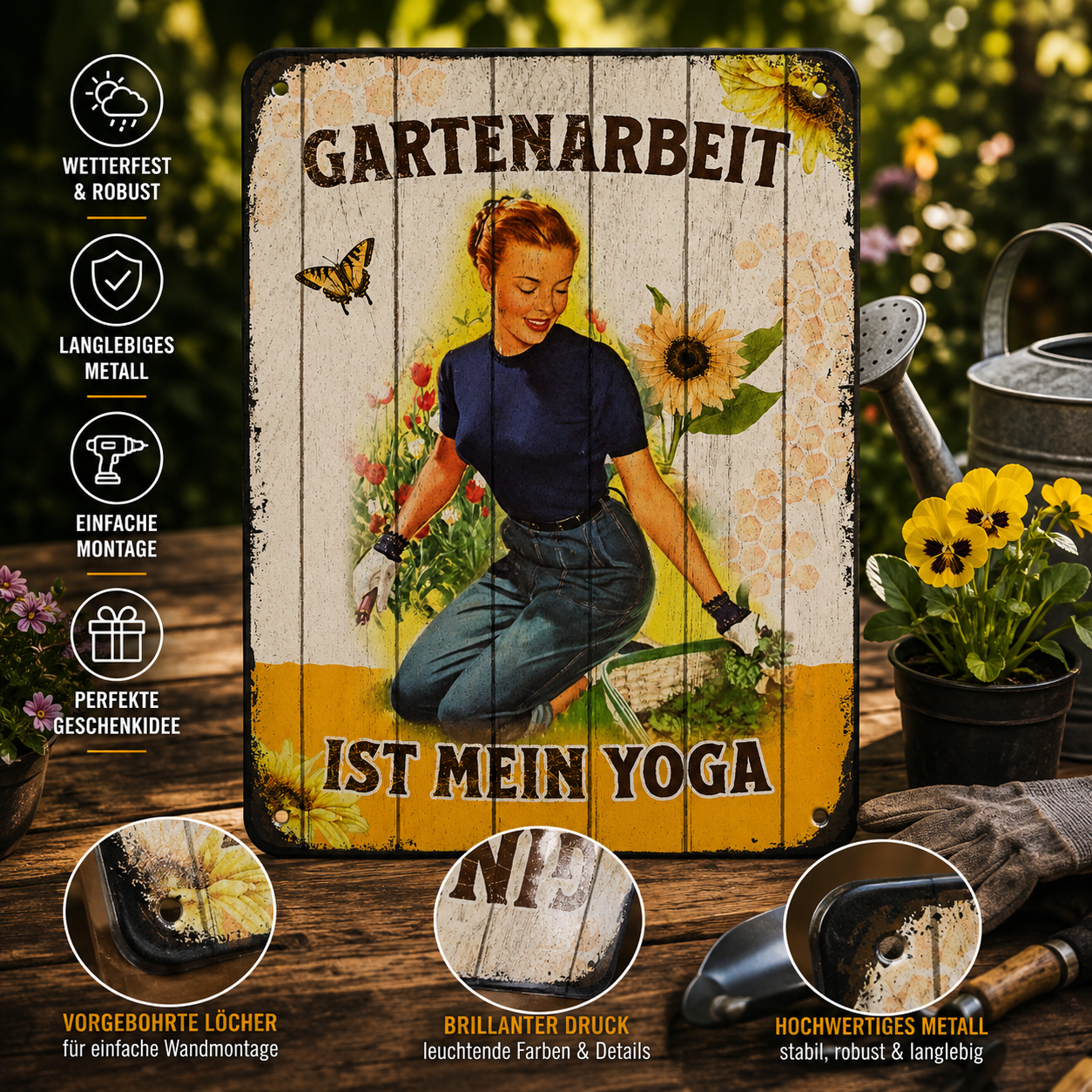 Retro-Blechschild „Gartenarbeit ist mein Yoga“ Vintage Gartendeko 15x20 cm