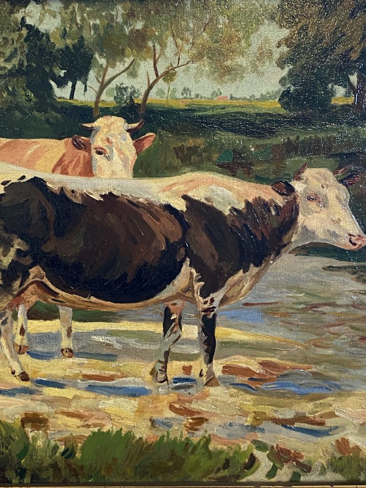 Öl-Gemälde "Kühe am Wasser" von Züchner 1910