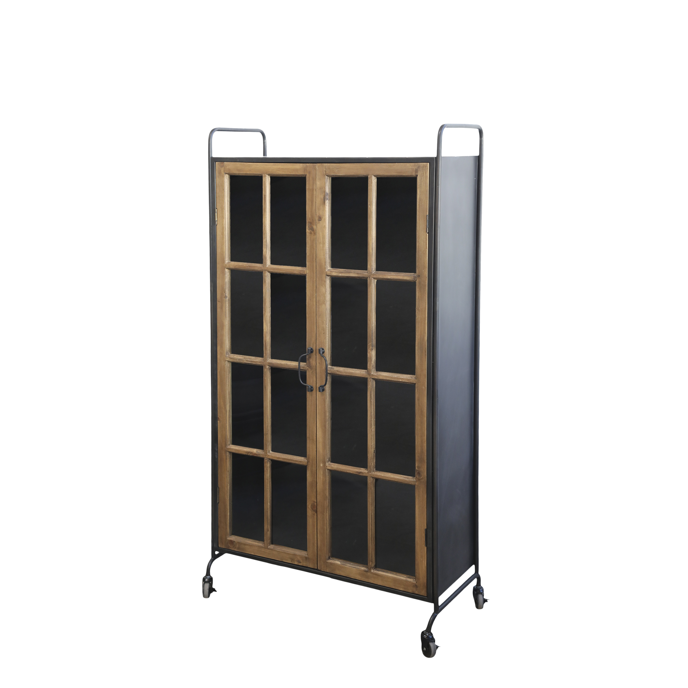 Chic Antique Vitrine auf Rollen – Industrial Vitrinenschrank mit Holz- und Glastüren