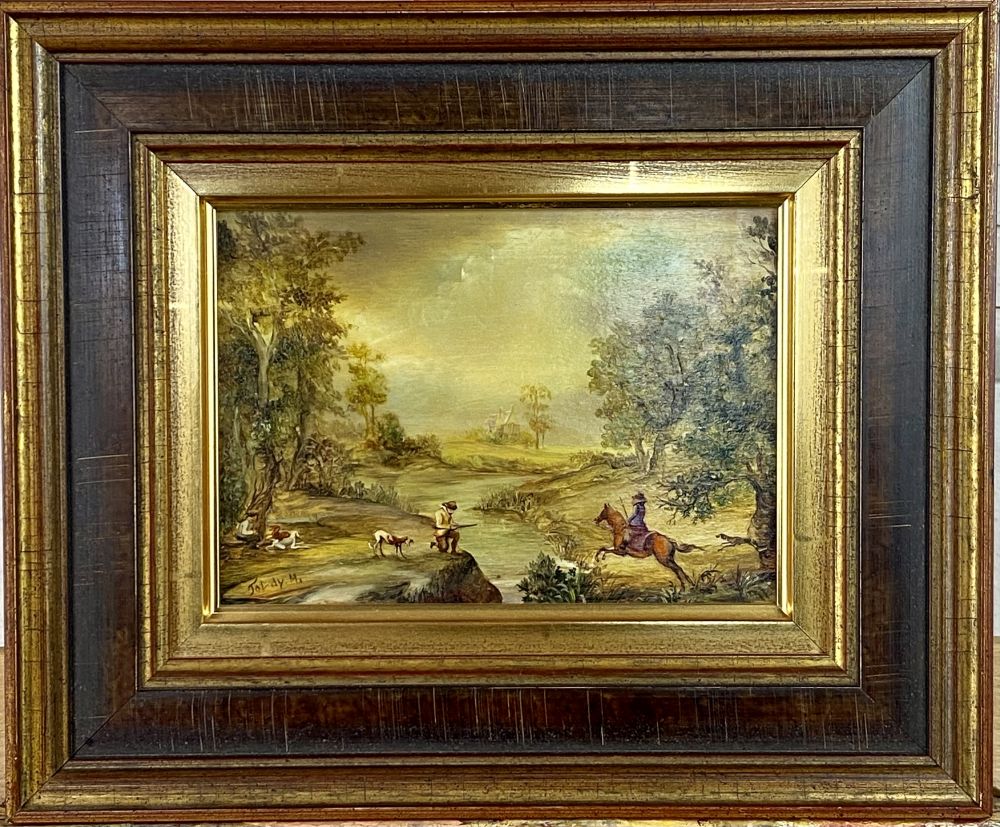Ölgemälde / Miniaturmalerei von Maria Medveczky Toldy sig. auf der Jagd zu Pferd mit Hund