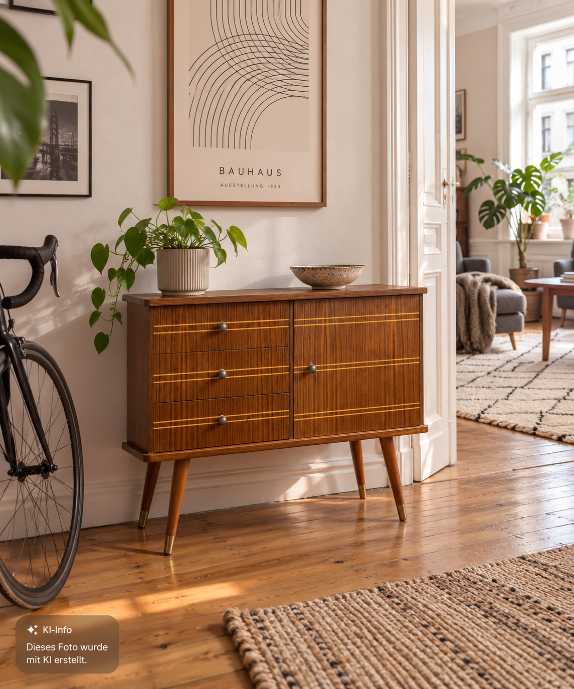 Kleine Mid-Century Kommode – Nussbaum mit Fadenintarsien – 50er/60er Jahre