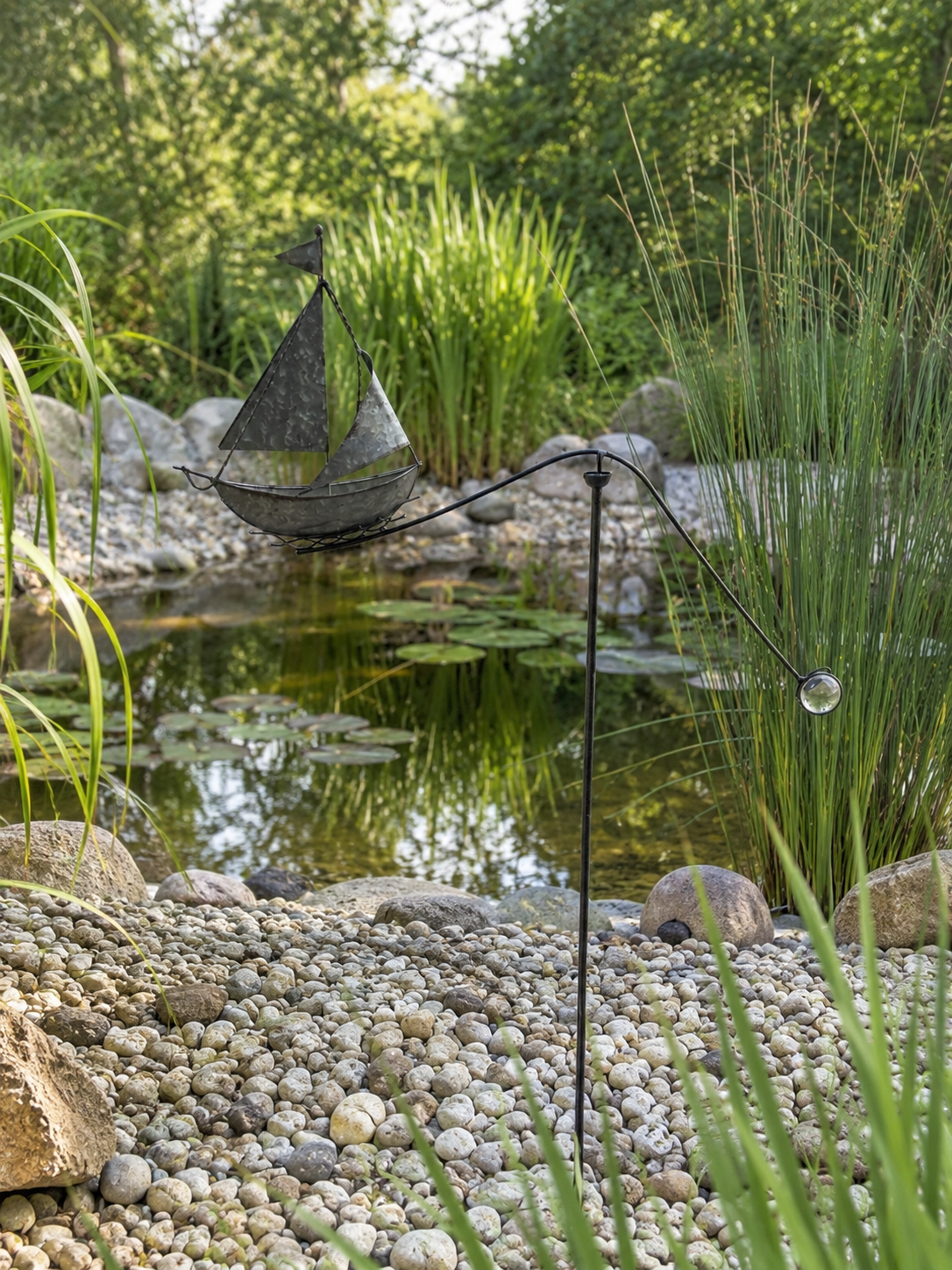 Gartenstecker Segelboot mit Windspiel – verzinktes Metall – maritime Gartendekoration – 77 cm – wetterfest