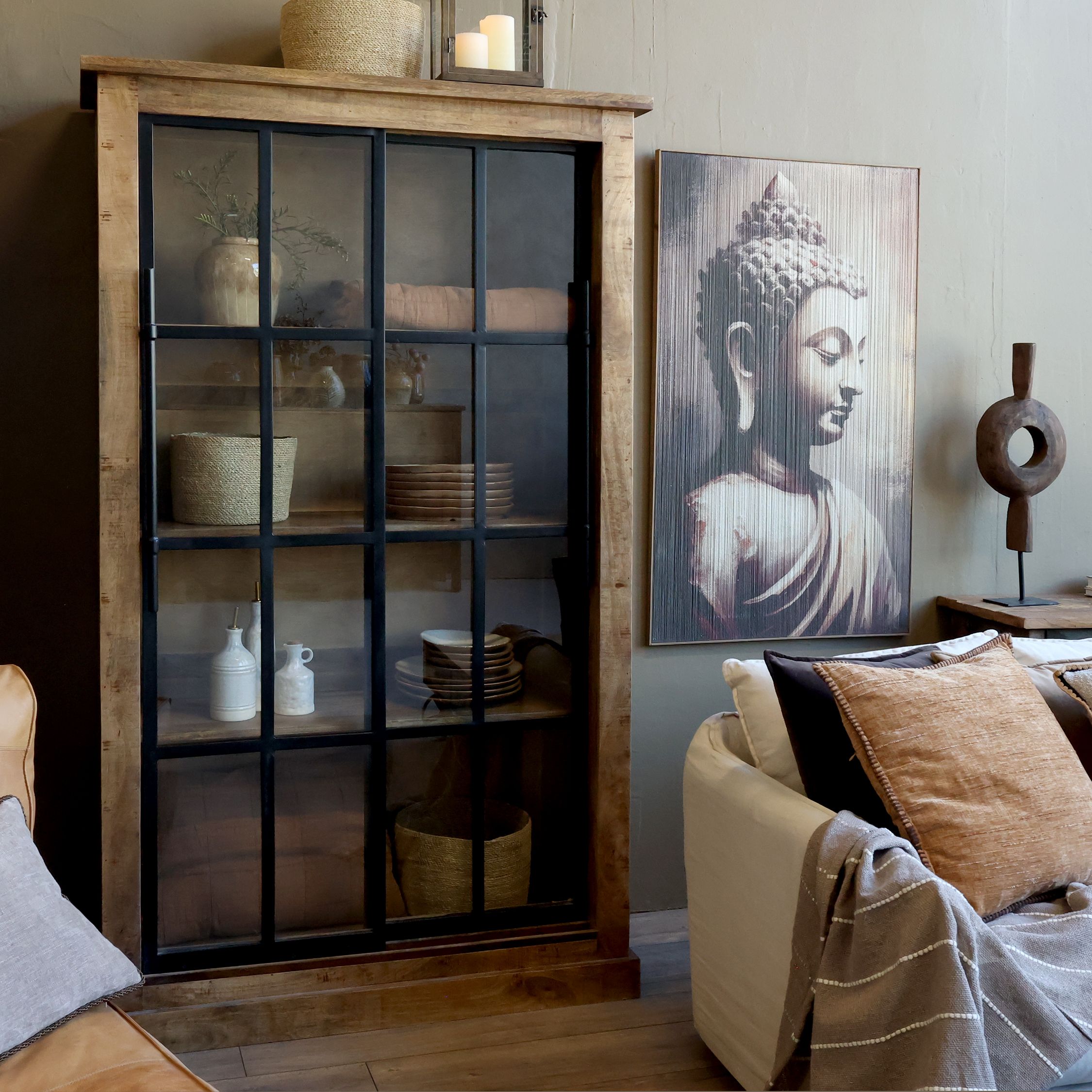 Chic Antique Paris Vitrinenschrank mit 2 Schiebetüren – Mangoholz & Eisen