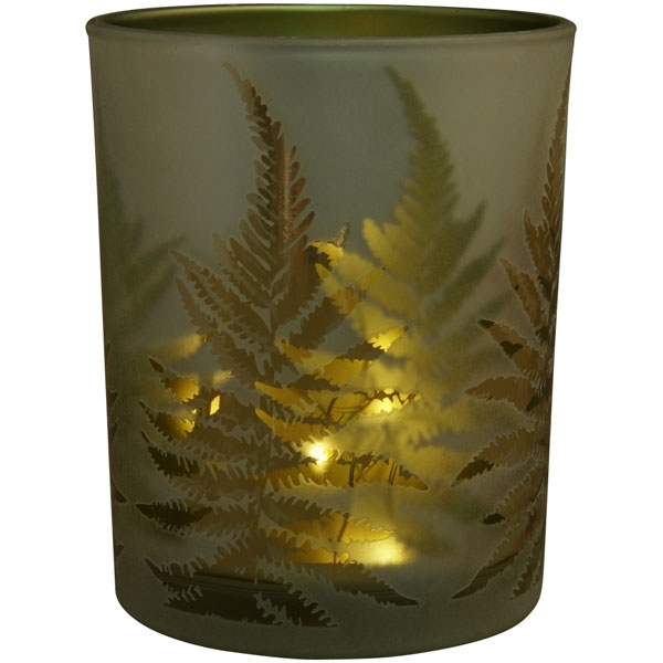 Windlicht mit Blattmuster aus Glas /innen grün schimmernd / 12,5 cm hoch