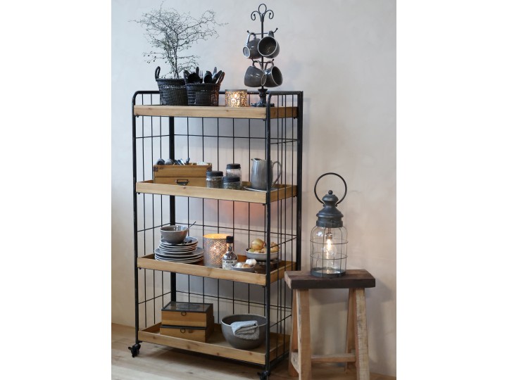 Metallregal auf Rädern mit 4 Holzschubladen