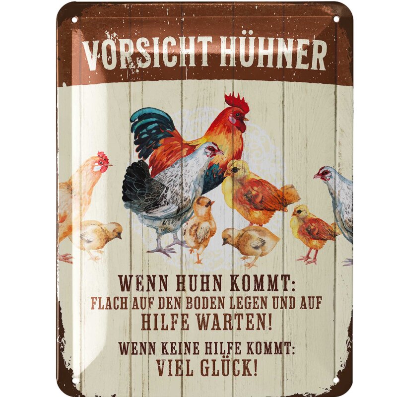 Blechschild „Vorsicht Hühner“ – lustiges Retro Metallschild im Farmhouse-Stil 15 x 20 cm
