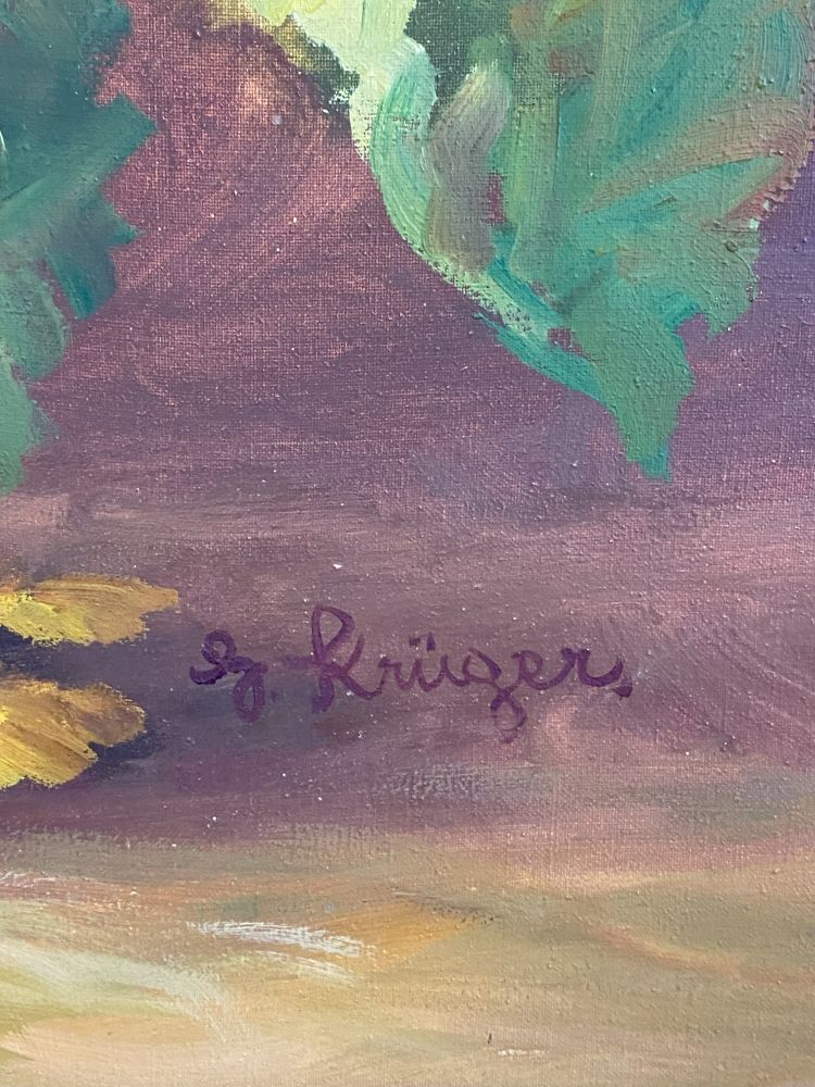 großes antikes Sonnenblumen Gemälde von G. Krüger
