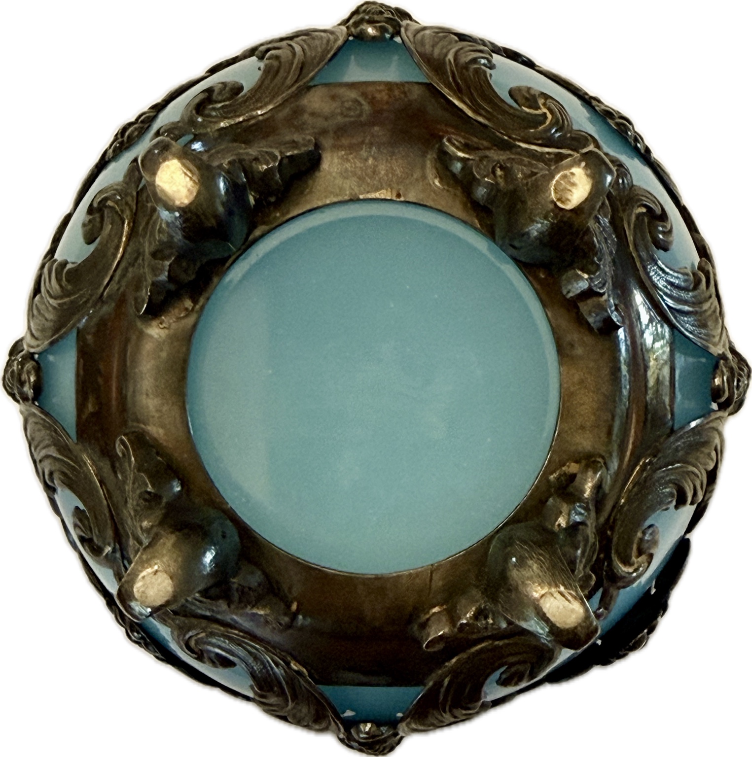 Antike Henkelschale mit blauem Glaseinsatz – Historismus um 1880–1900