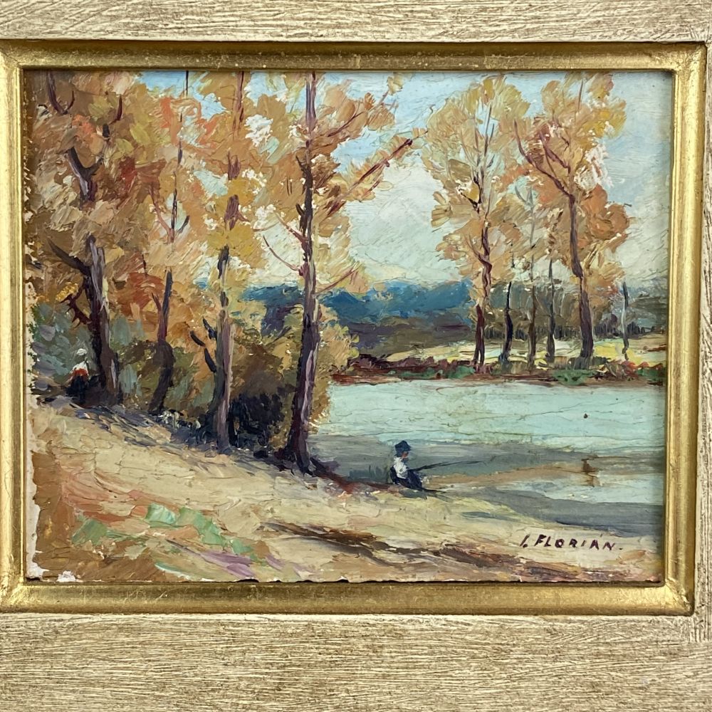 Öl-Bild Angler am See / Jordan Florian / Prunkrahmen / Tschechien / 50er Jahre