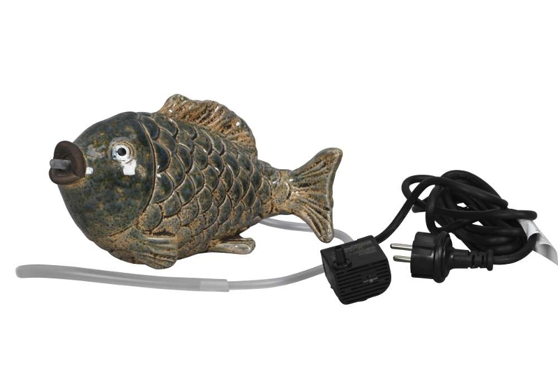 Wasserspeier „Teichfisch Blau“ mit Pumpe – Steinzeug – 24 cm
