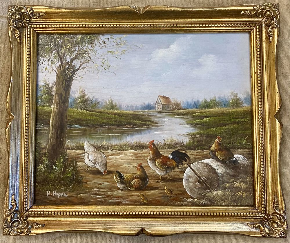 Gemälde " Hühner am Bach" von Heinz Hoppe (geb. 1914)